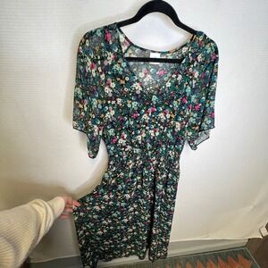 Cabi Floral Maxi Dress Small Black Multi V-Neck Smocked Waist Small Short Sleeve